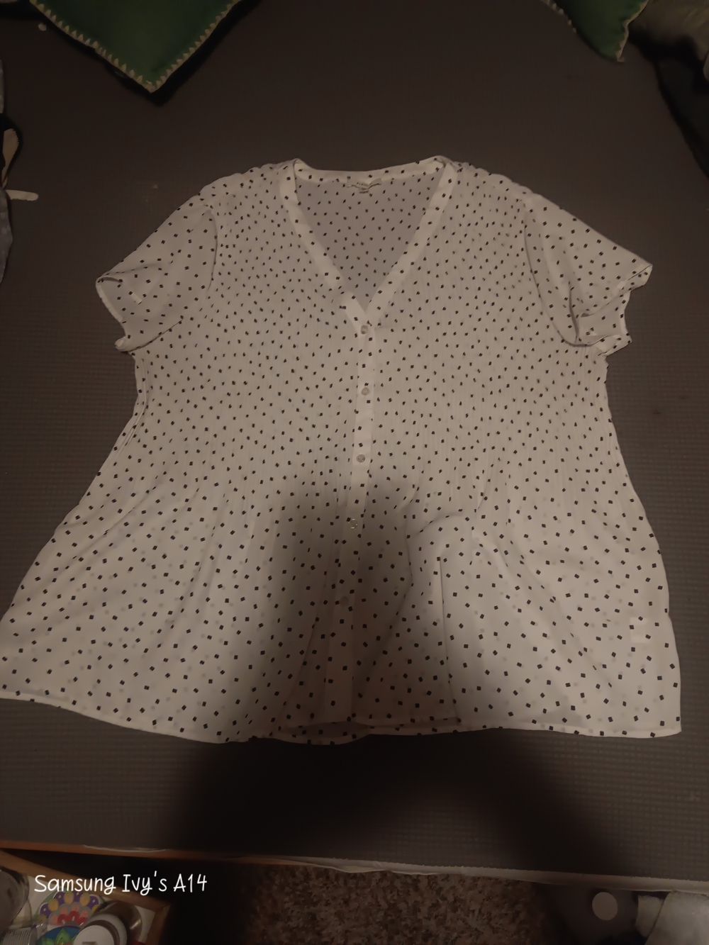 Pleione White V-Neck Button Front Blouse with Black Polka Dots